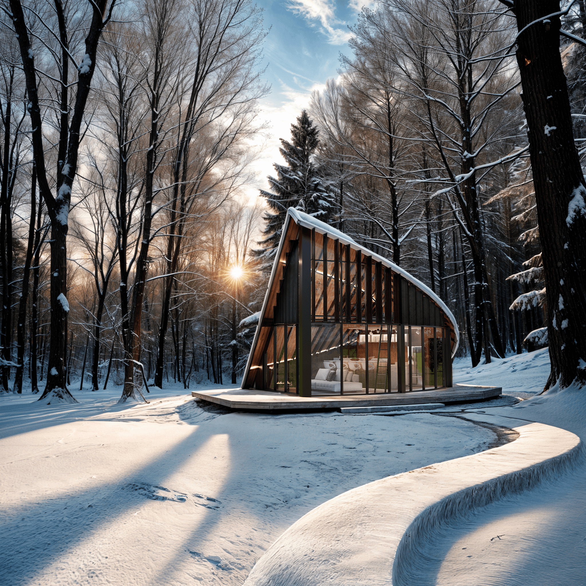 3D Render of The Shell Cabin featuring a curved roof and floor-to-ceiling glass walls.