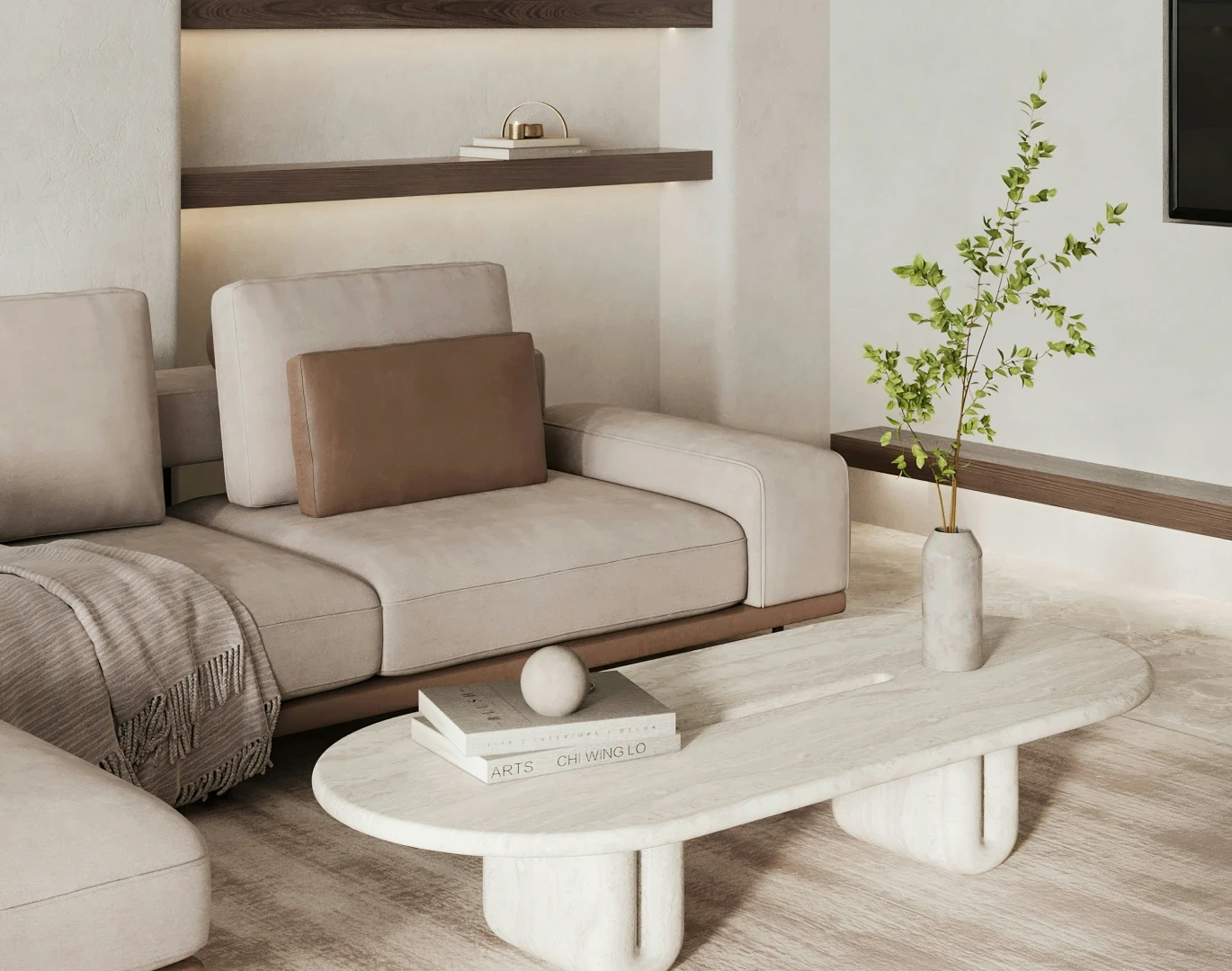 Spacious modern living room with vaulted ceilings, exposed wooden beams, and a sleek metal staircase leading to a mezzanine loft. The open-plan design includes a minimalist fireplace, floor-to-ceiling glass walls, and a seamless connection to outdoor spaces. Ideal for contemporary architecture and luxury loft-style interiors.