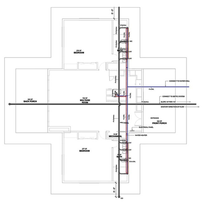 3D plumbing design of a modern curved cabin, showcasing an advanced water supply and drainage system. The model illustrates detailed pipe routing for kitchen and bathroom fixtures, integrating efficient water management solutions. Designed for sustainable and energy-efficient homes, the layout optimizes space and performance. Ideal for architectural plumbing planning, BIM modeling, and smart home plumbing systems.