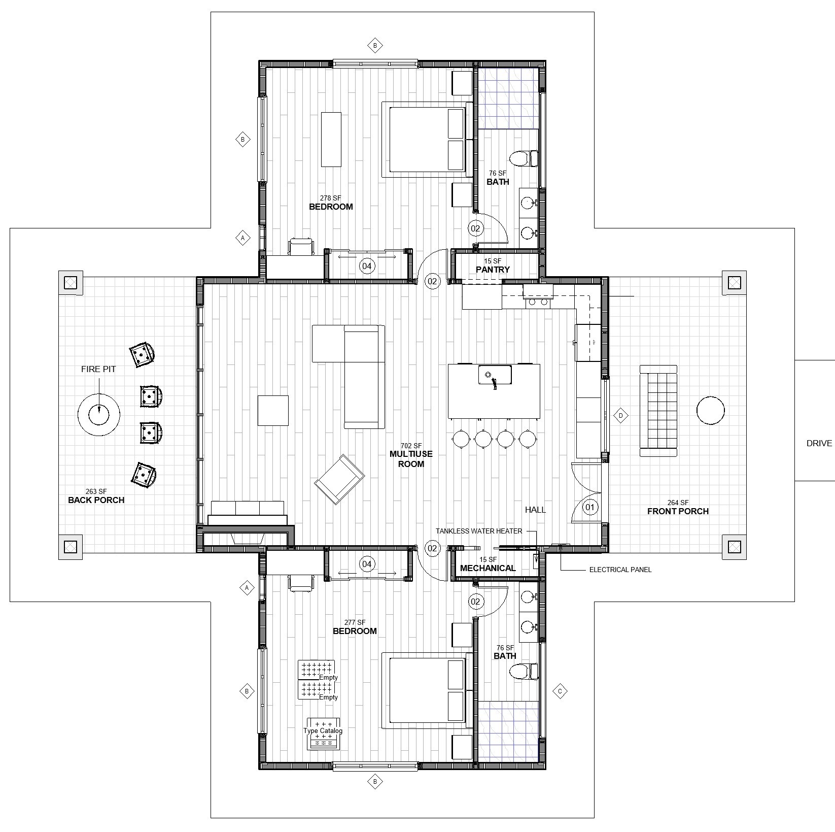 Technical drawing of The Shell Cabin's First floor and mezzanine second floor plans 