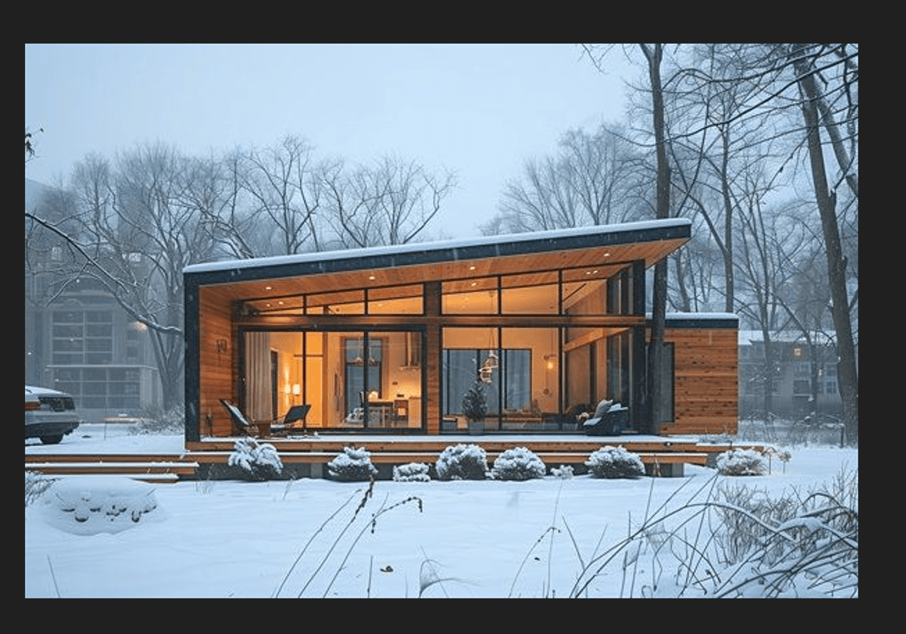3D Render of The Shell Cabin featuring a curved roof and floor-to-ceiling glass walls.