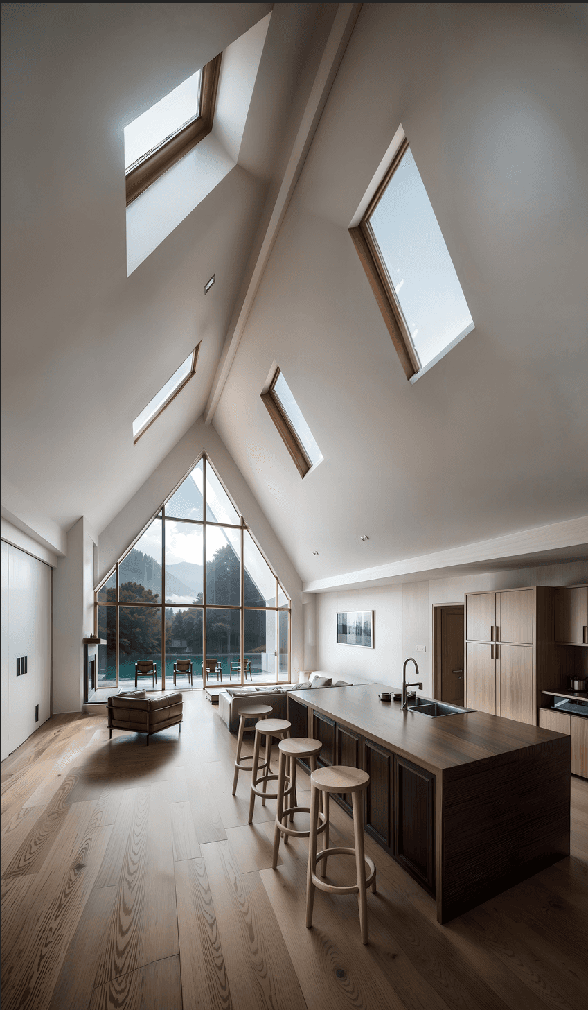 Spacious modern living room with vaulted ceilings, exposed wooden beams, and a sleek metal staircase leading to a mezzanine loft. The open-plan design includes a minimalist fireplace, floor-to-ceiling glass walls, and a seamless connection to outdoor spaces. Ideal for contemporary architecture and luxury loft-style interiors.