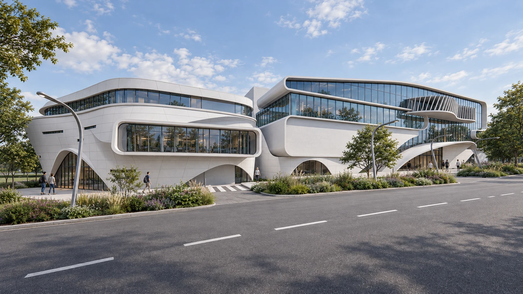 Wider campus context, AI-assisted concept visualization. Source documentation credits AXOS.