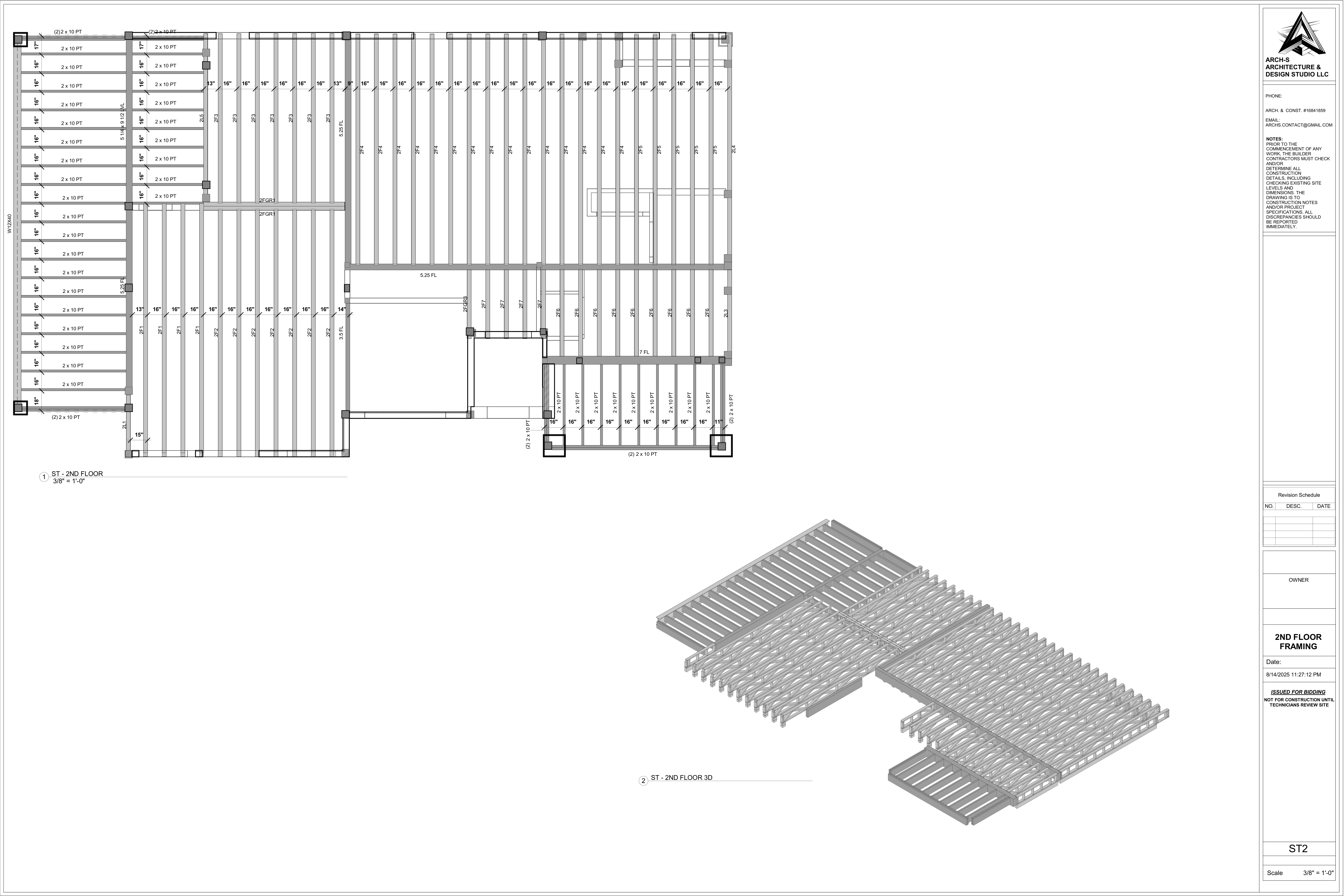 Original ST2 framing sheet, August 2025. Full plan, annotations and framing model. Issued for bidding, not construction.
