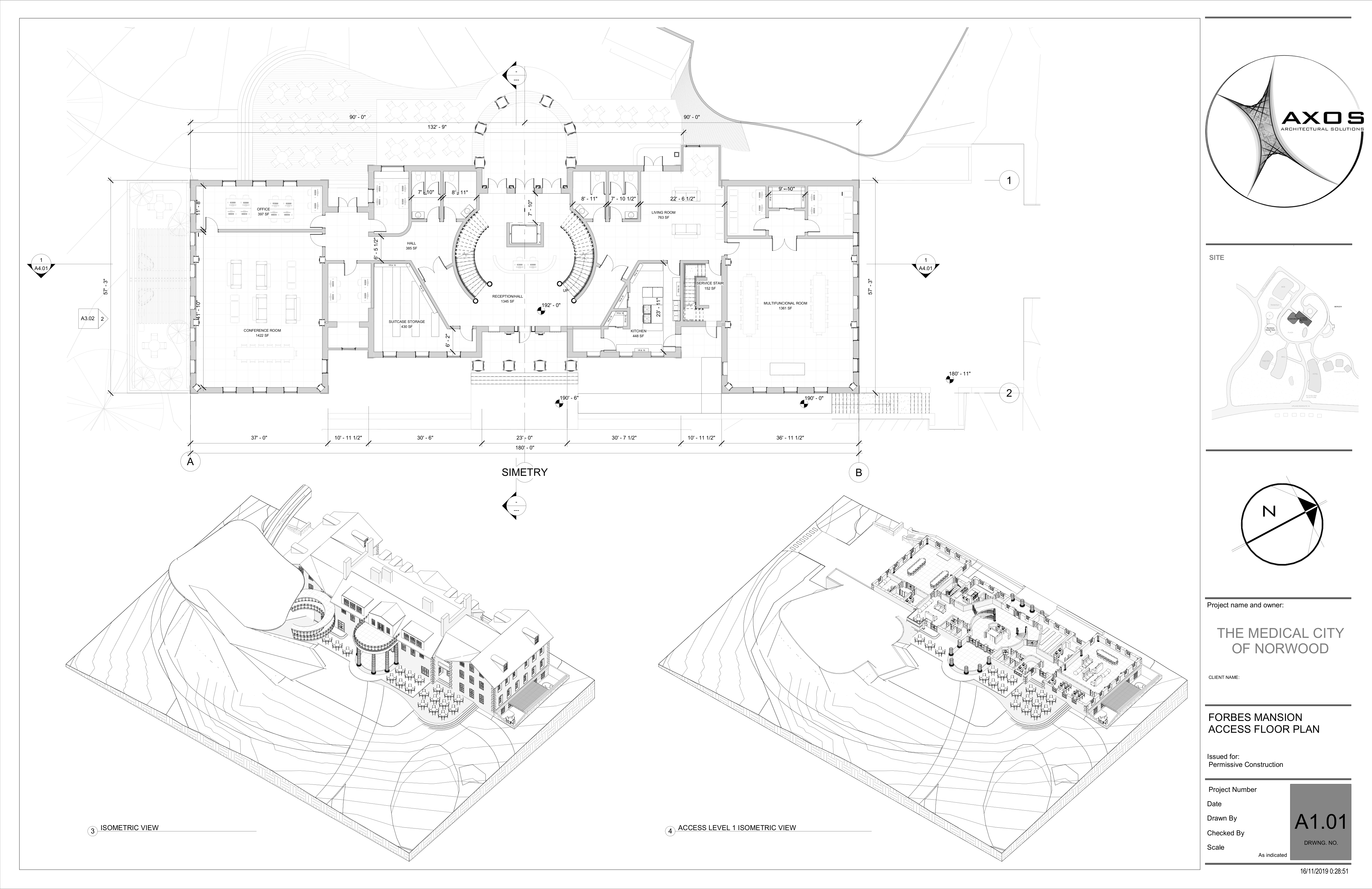Original A1.01 sheet, access floor plan and isometric views. Source documentation: AXOS Architectural Solutions.