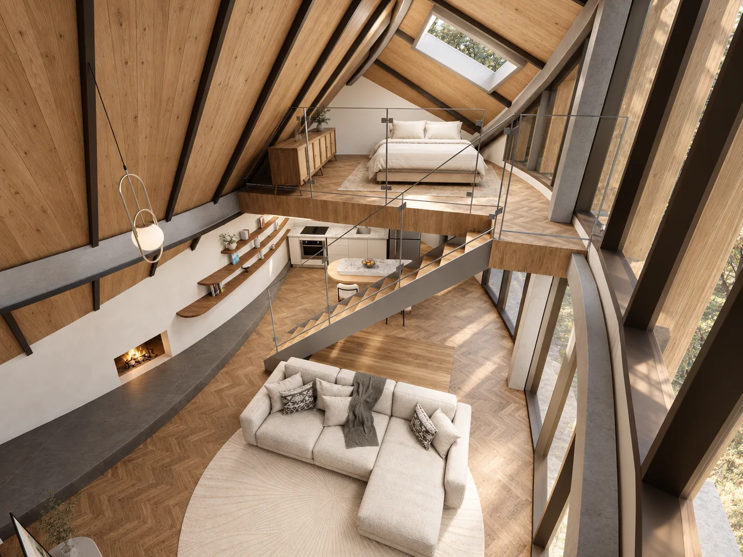 Interior visualization: living space and the connection to the landscape.