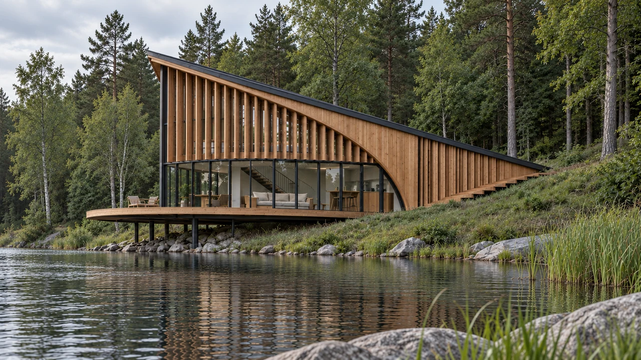Onda cabin with a flowing roof and curved glazing opening onto a lakeside terrace
